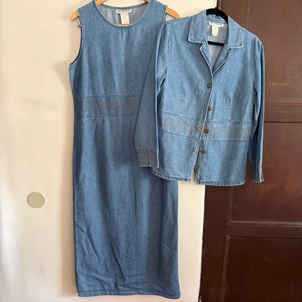 90s Vintage Maryland Square Denim Dress and Jacket Blazer Set | Medium